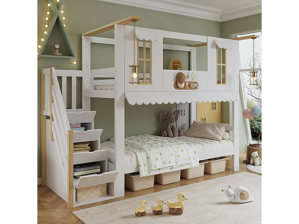Lit superposé enfant 90x200 escalier rangement fenêtres raffinées bordure ondulée pin blanc et naturel