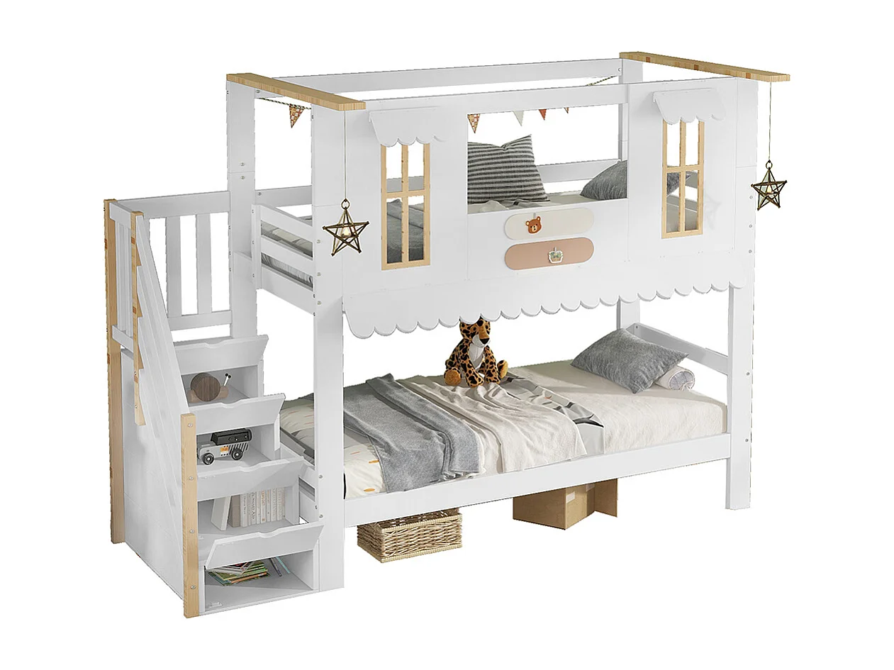 Lit superposé enfant 90x200 escalier rangement fenêtres raffinées bordure ondulée pin blanc et naturel