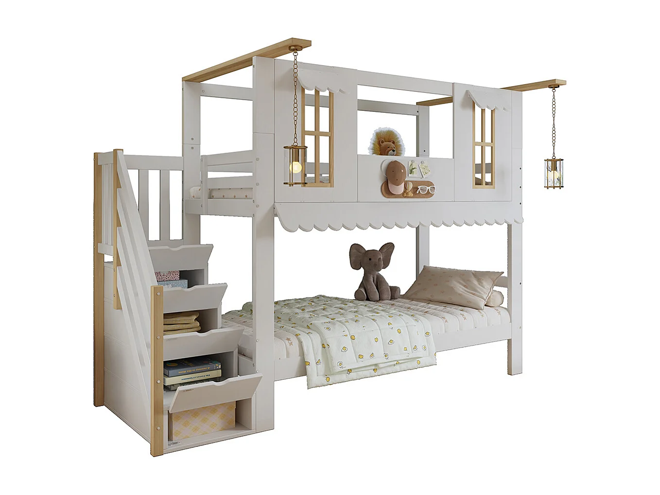 Lit superposé enfant 90x200 escalier rangement fenêtres raffinées bordure ondulée pin blanc et naturel