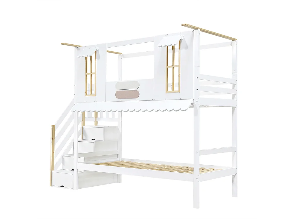 Lit superposé enfant 90x200 escalier rangement fenêtres raffinées bordure ondulée pin blanc et naturel