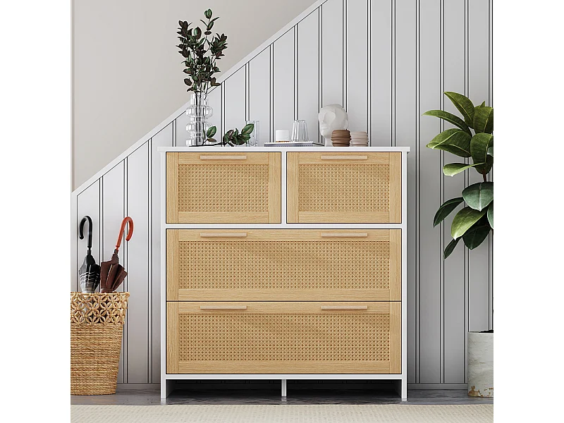 Buffet 4 tiroirs naturel rotin poignées bois massif chambre salon salle à manger couloir blanc