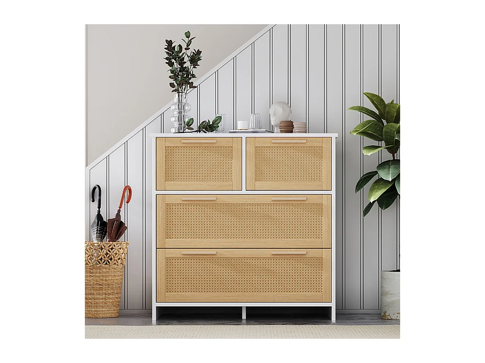Buffet 4 tiroirs naturel rotin poignées bois massif chambre salon salle à manger couloir blanc