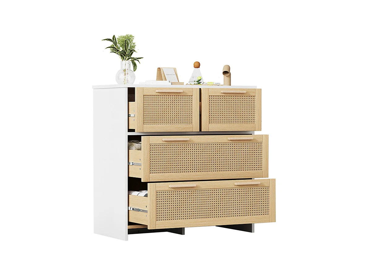 Buffet 4 tiroirs naturel rotin poignées bois massif chambre salon salle à manger couloir blanc