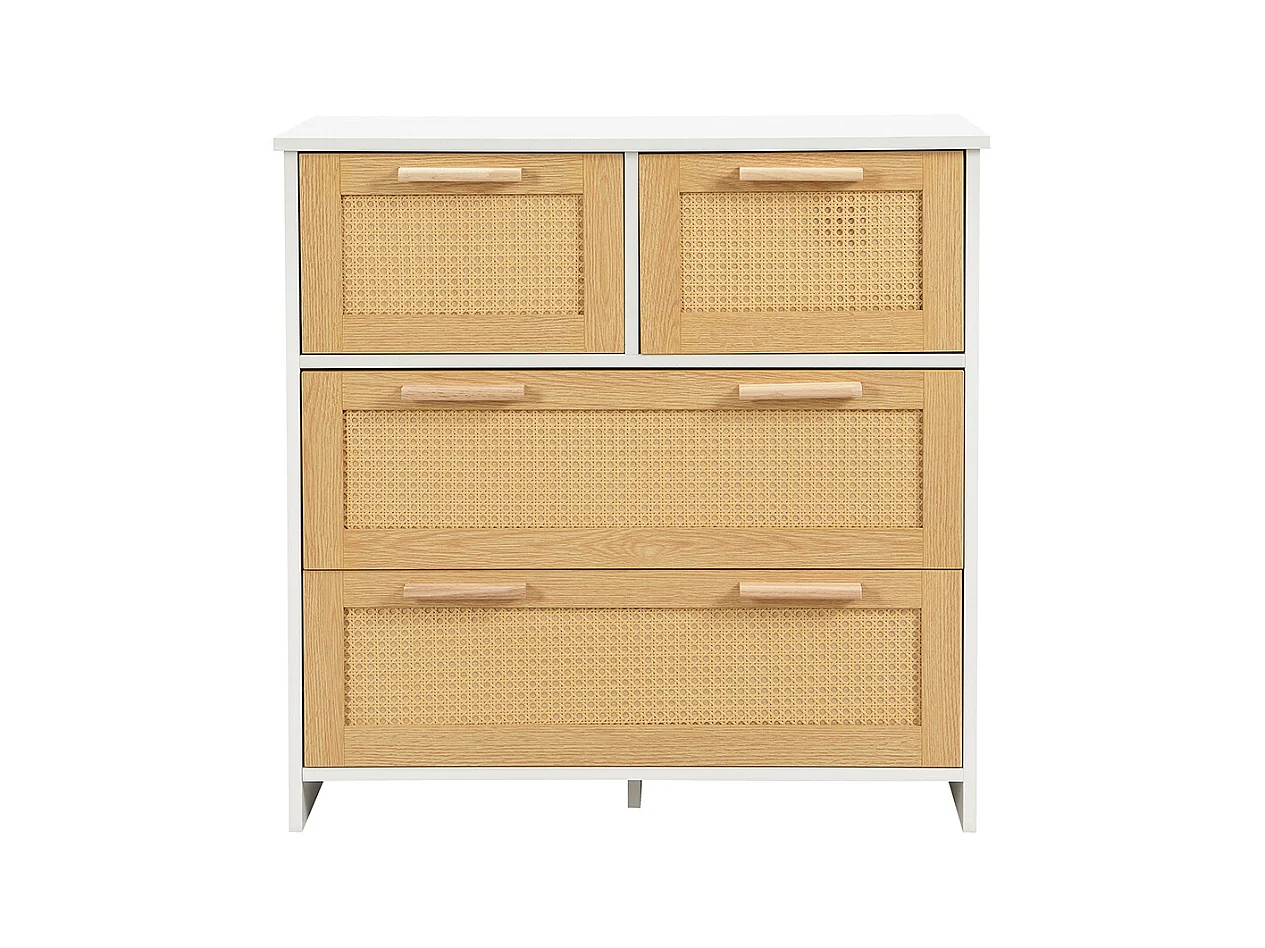 Buffet 4 tiroirs naturel rotin poignées bois massif chambre salon salle à manger couloir blanc