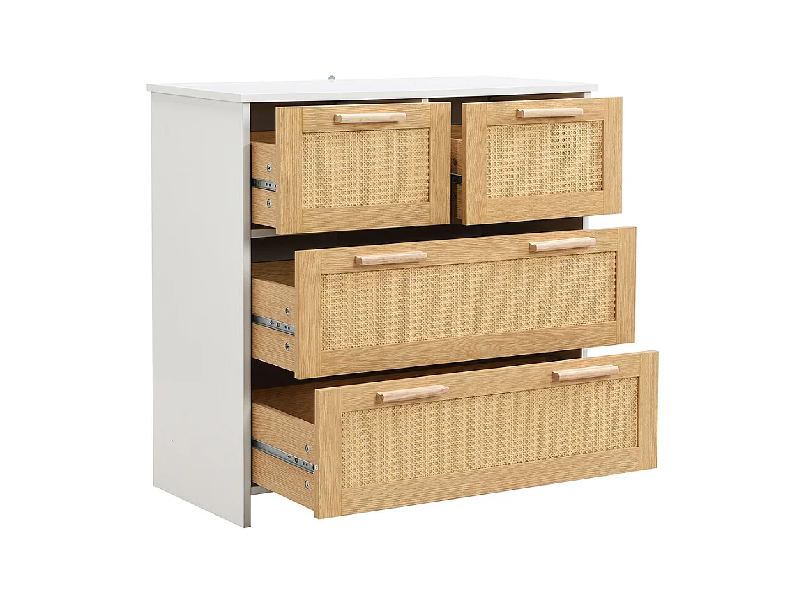 Buffet 4 tiroirs naturel rotin poignées bois massif chambre salon salle à manger couloir blanc