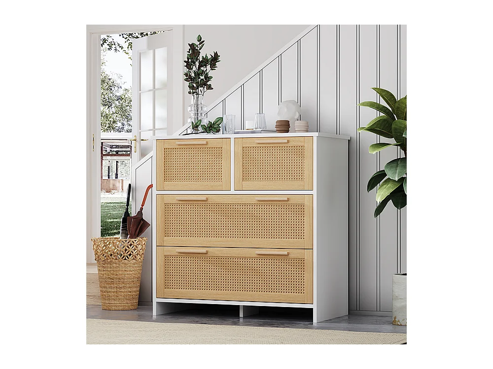 Buffet 4 tiroirs naturel rotin poignées bois massif chambre salon salle à manger couloir blanc