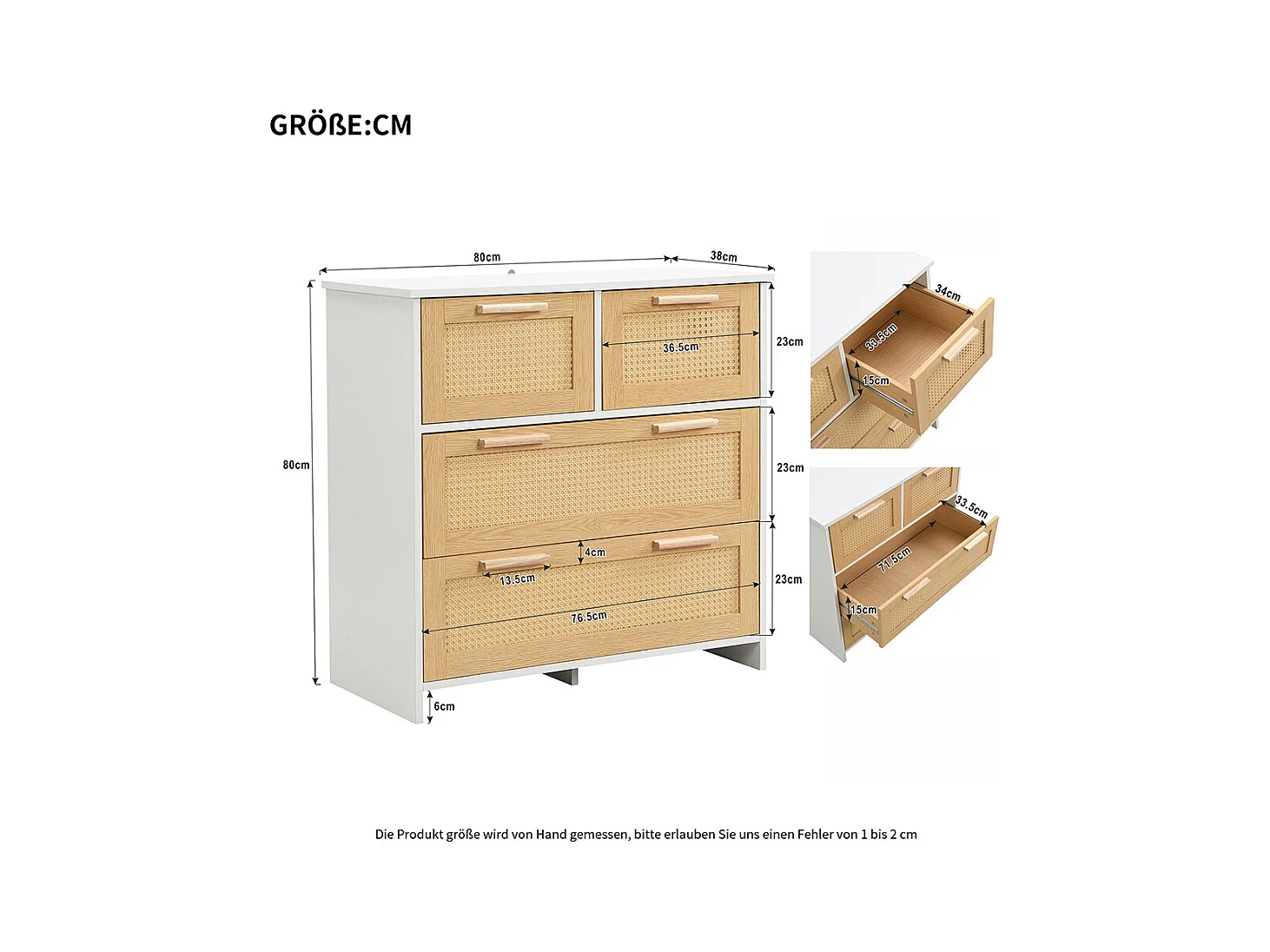 Buffet 4 tiroirs naturel rotin poignées bois massif chambre salon salle à manger couloir blanc