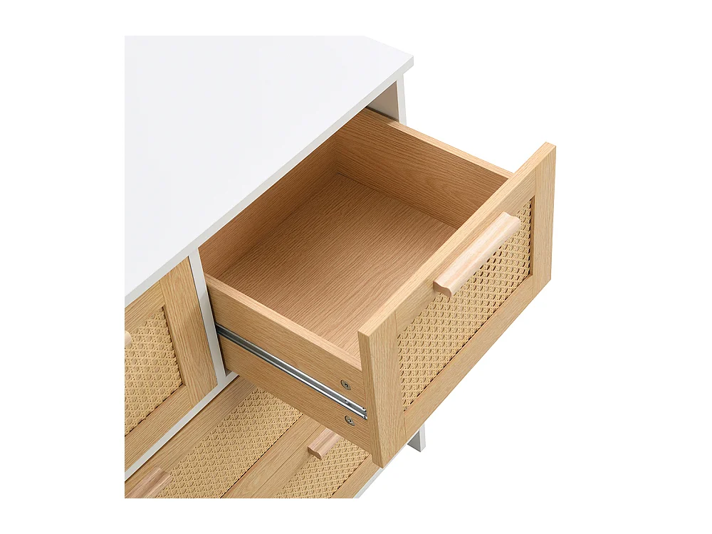 Buffet 4 tiroirs naturel rotin poignées bois massif chambre salon salle à manger couloir blanc