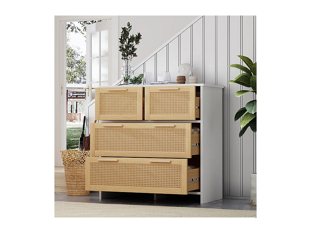 Buffet 4 tiroirs naturel rotin poignées bois massif chambre salon salle à manger couloir blanc