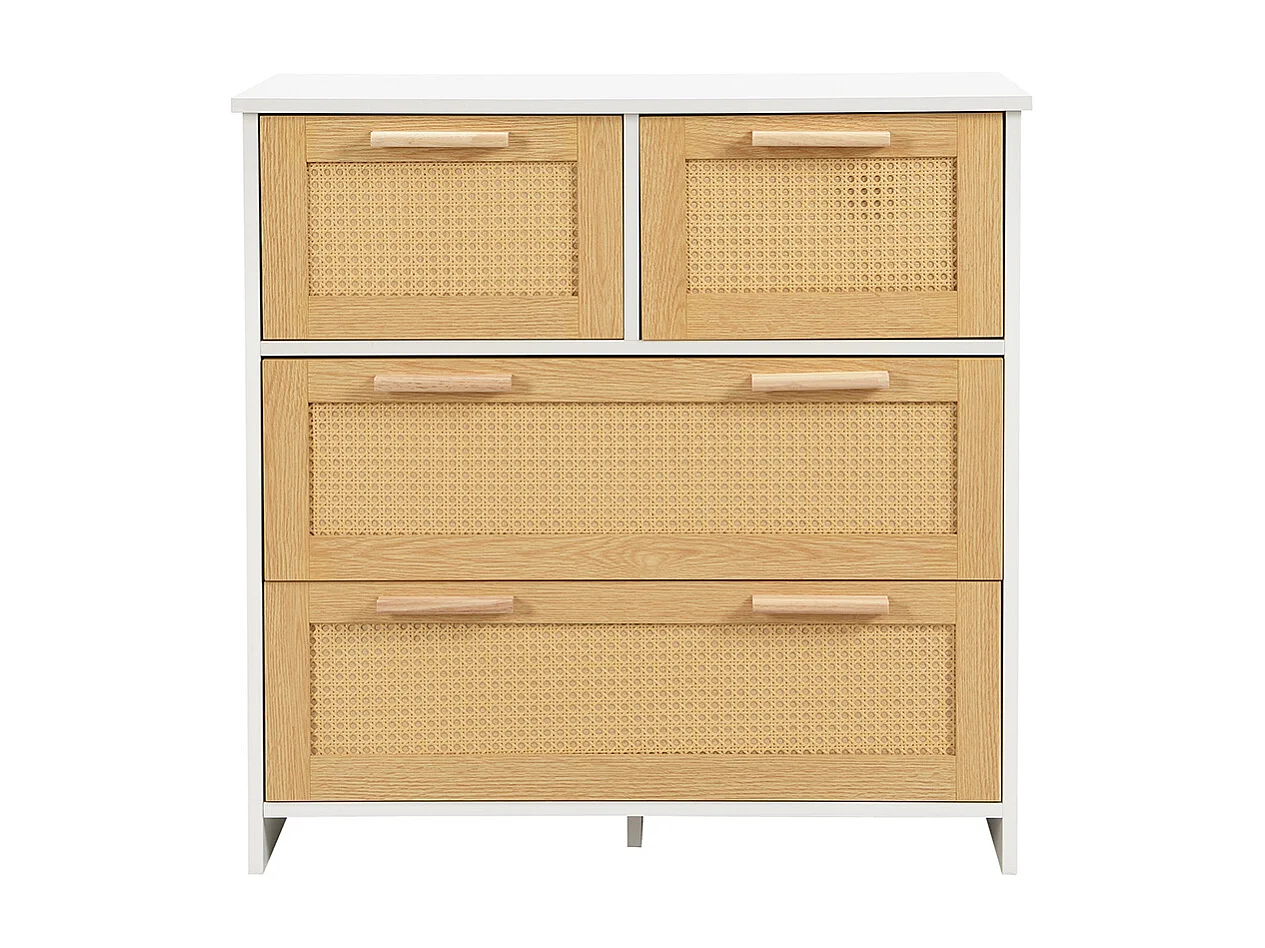 Buffet 4 tiroirs naturel rotin poignées bois massif chambre salon salle à manger couloir blanc