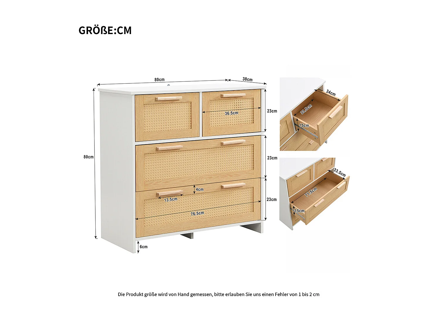 Buffet 4 tiroirs naturel rotin poignées bois massif chambre salon salle à manger couloir blanc