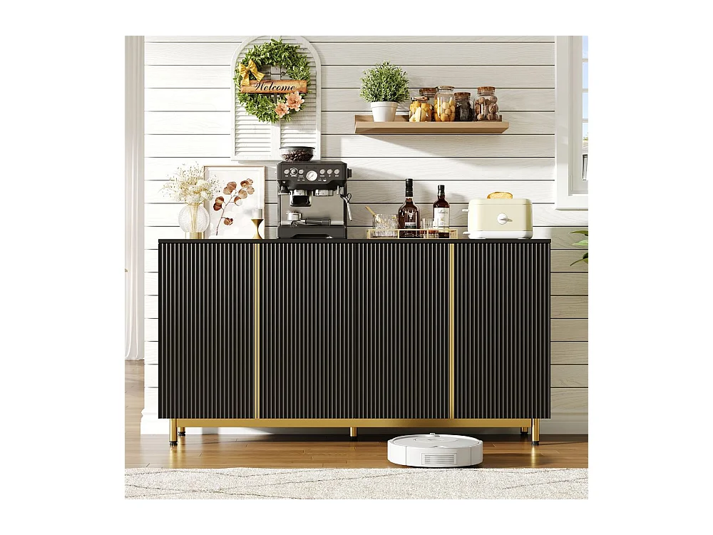 Buffet portes ondulées rainurées pieds métalliques réglables stable adapté salle à manger cuisine salon noir