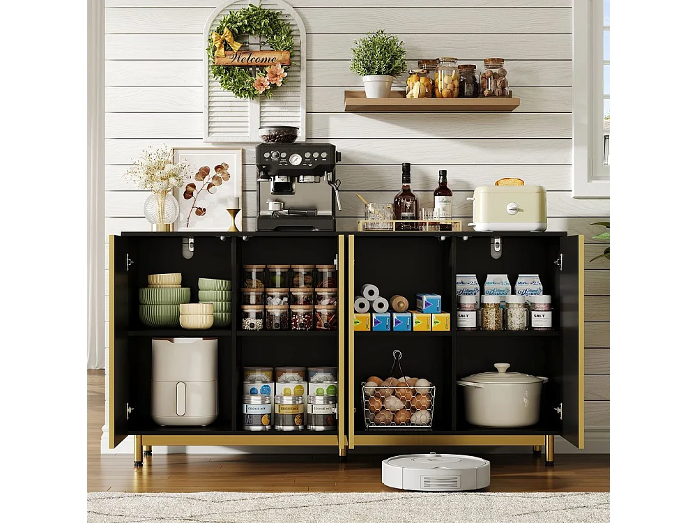 Buffet portes ondulées rainurées pieds métalliques réglables stable adapté salle à manger cuisine salon noir