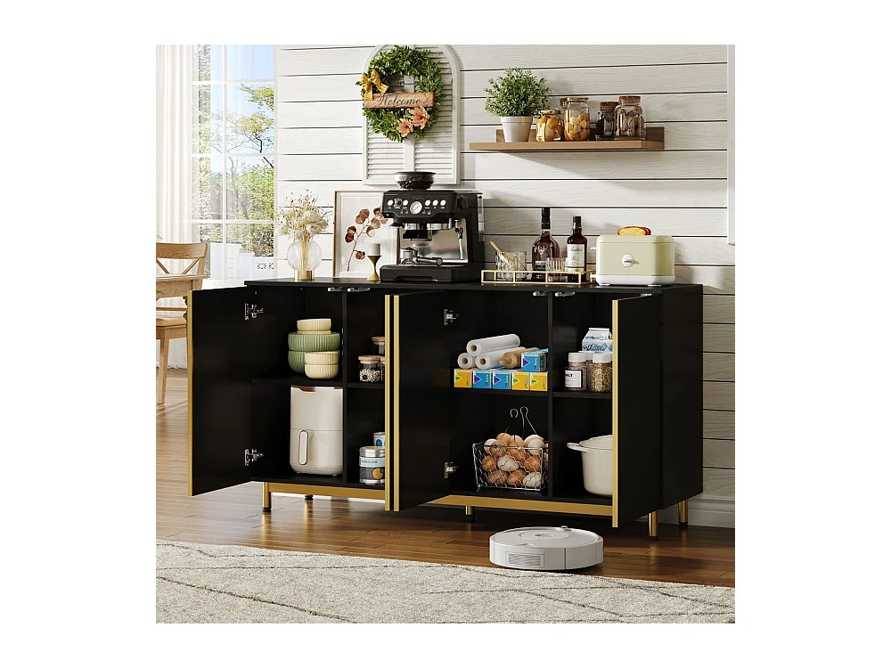 Buffet portes ondulées rainurées pieds métalliques réglables stable adapté salle à manger cuisine salon noir