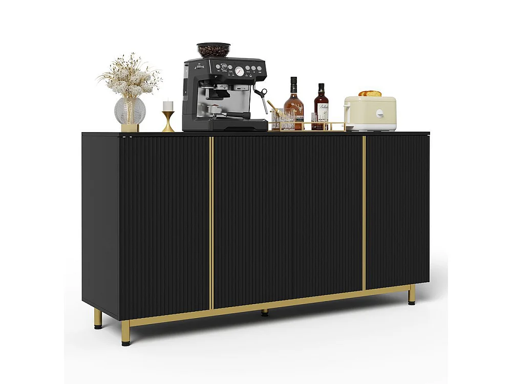 Buffet portes ondulées rainurées pieds métalliques réglables stable adapté salle à manger cuisine salon noir
