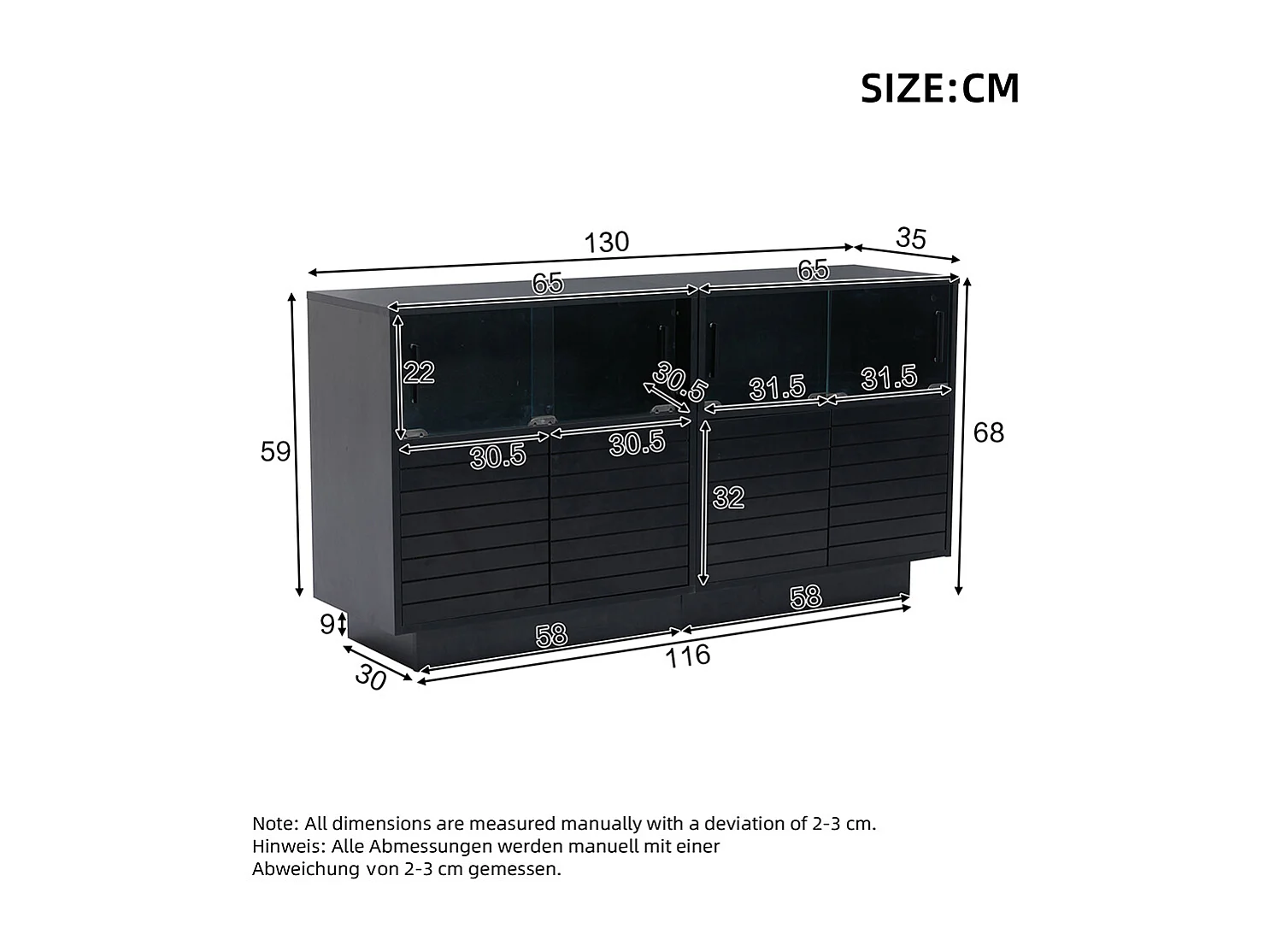 Dressoir 130x35x68 cm 2 kasten 4 compartimenten glazen deuren LED opbergruimte voor de woonkamer