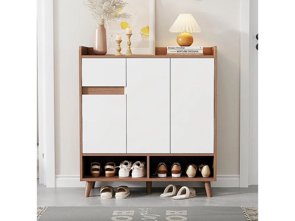 Buffet naturel meuble à chaussures étagères réglables rangement minimaliste pieds bois massif