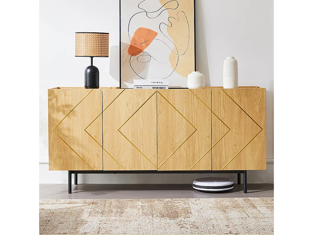 Buffet naturel 4 portes incrustation métallique commode polyvalente meuble d'appoint sur pied bois