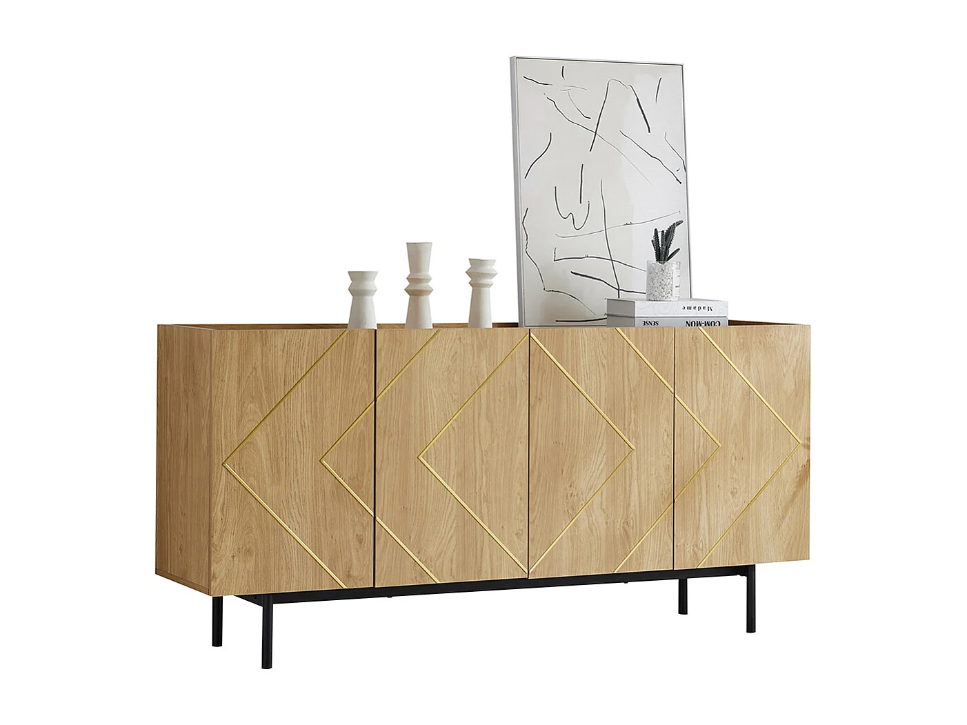 Buffet naturel 4 portes incrustation métallique commode polyvalente meuble d'appoint sur pied bois