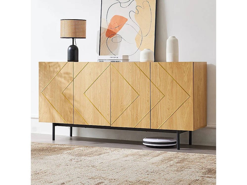 Buffet naturel 4 portes incrustation métallique commode polyvalente meuble d'appoint sur pied bois