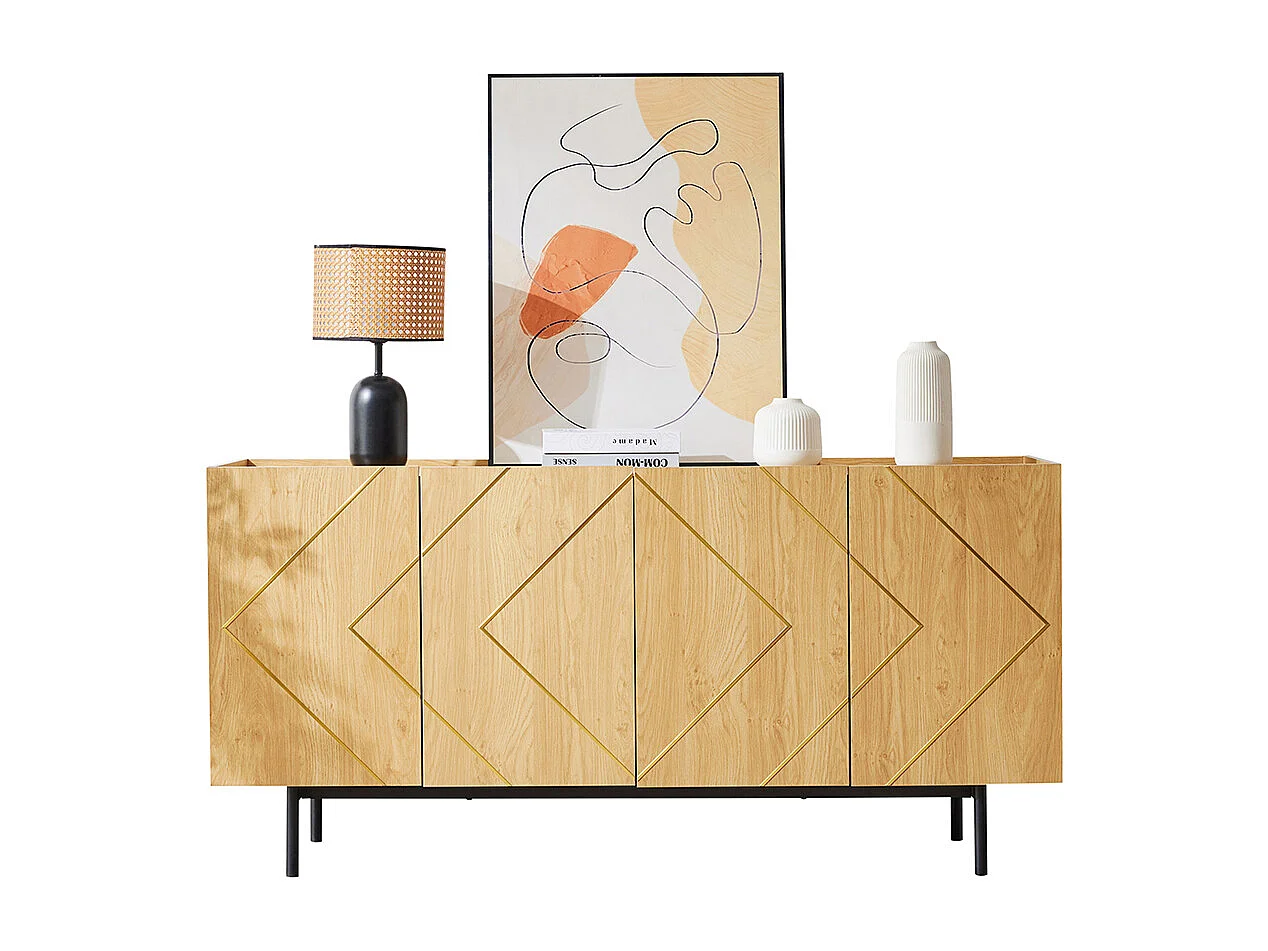 Buffet naturel 4 portes incrustation métallique commode polyvalente meuble d'appoint sur pied bois