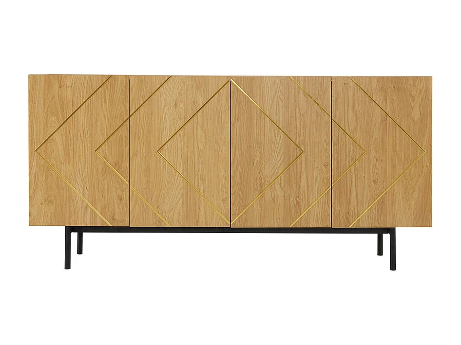 Buffet naturel 4 portes incrustation métallique commode polyvalente meuble d'appoint sur pied bois
