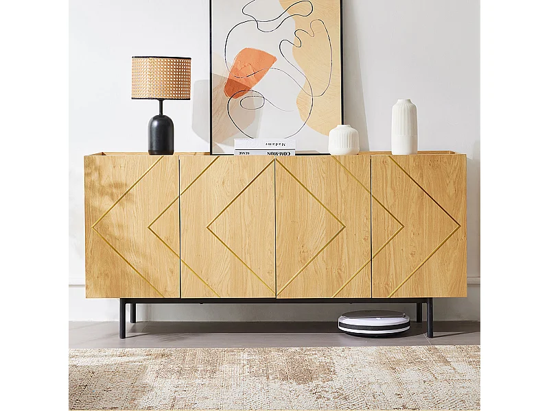Buffet naturel 4 portes incrustation métallique commode polyvalente meuble d'appoint sur pied bois