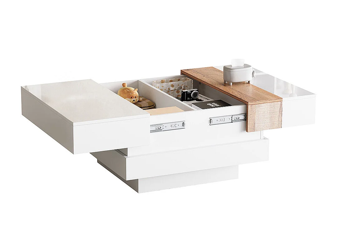 Table basse carrée 70x70x39 cm blanc plateau coulissant rangement caché cloisons