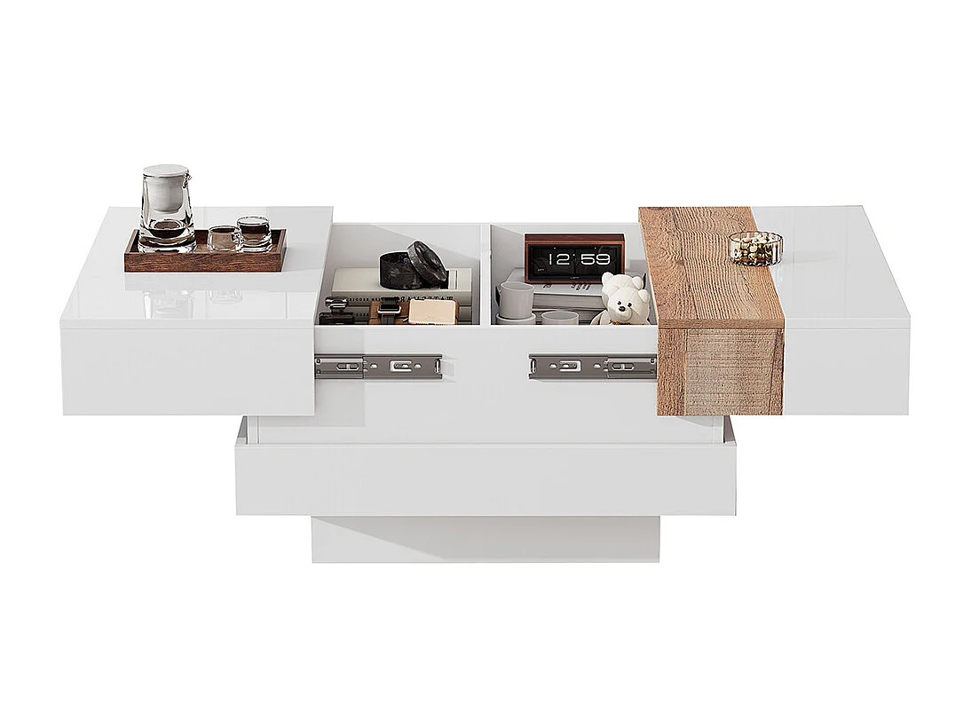 Table basse carrée 70x70x39 cm blanc plateau coulissant rangement caché cloisons