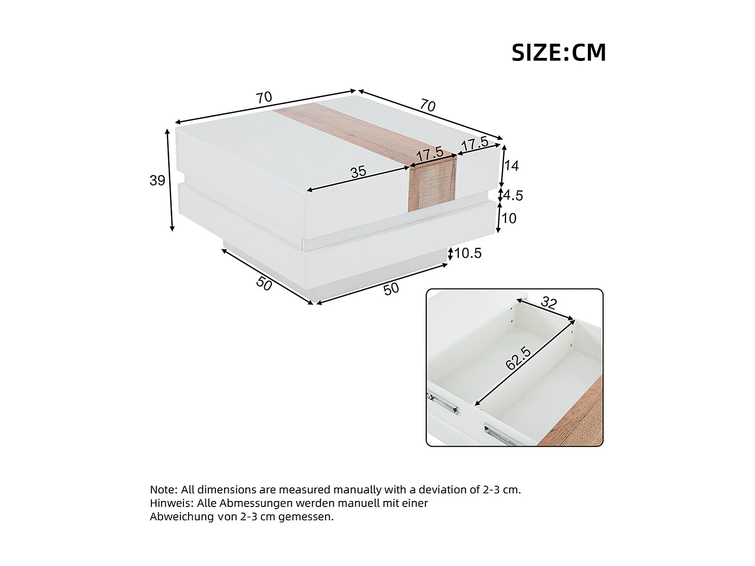 Table basse carrée 70x70x39 cm blanc plateau coulissant rangement caché cloisons