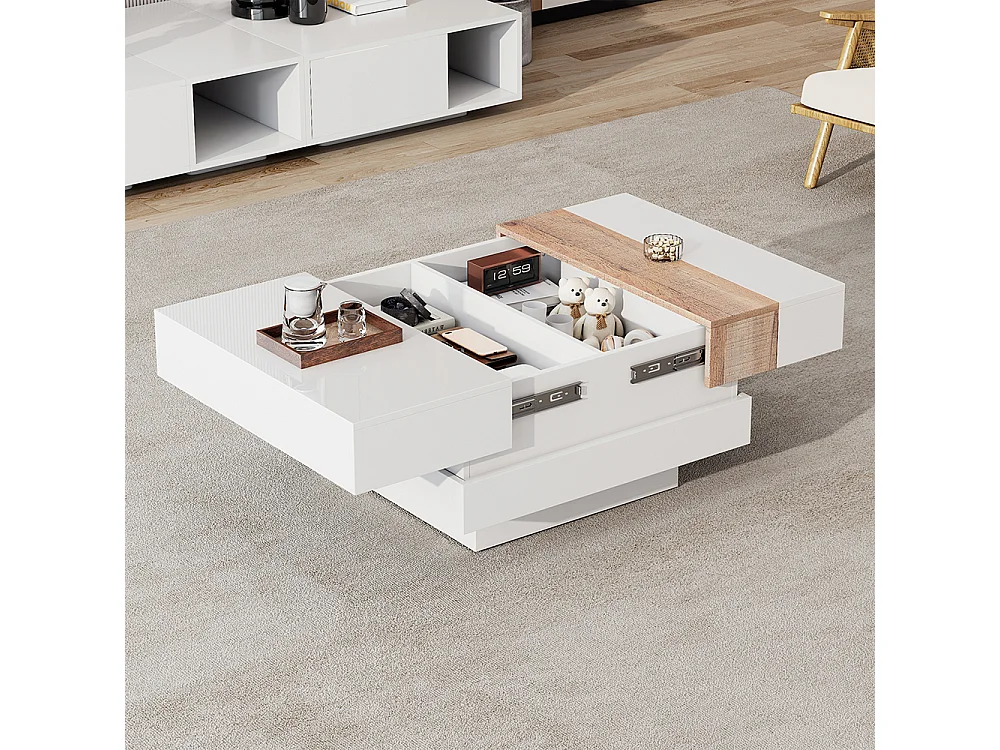 Table basse carrée 70x70x39 cm blanc plateau coulissant rangement caché cloisons