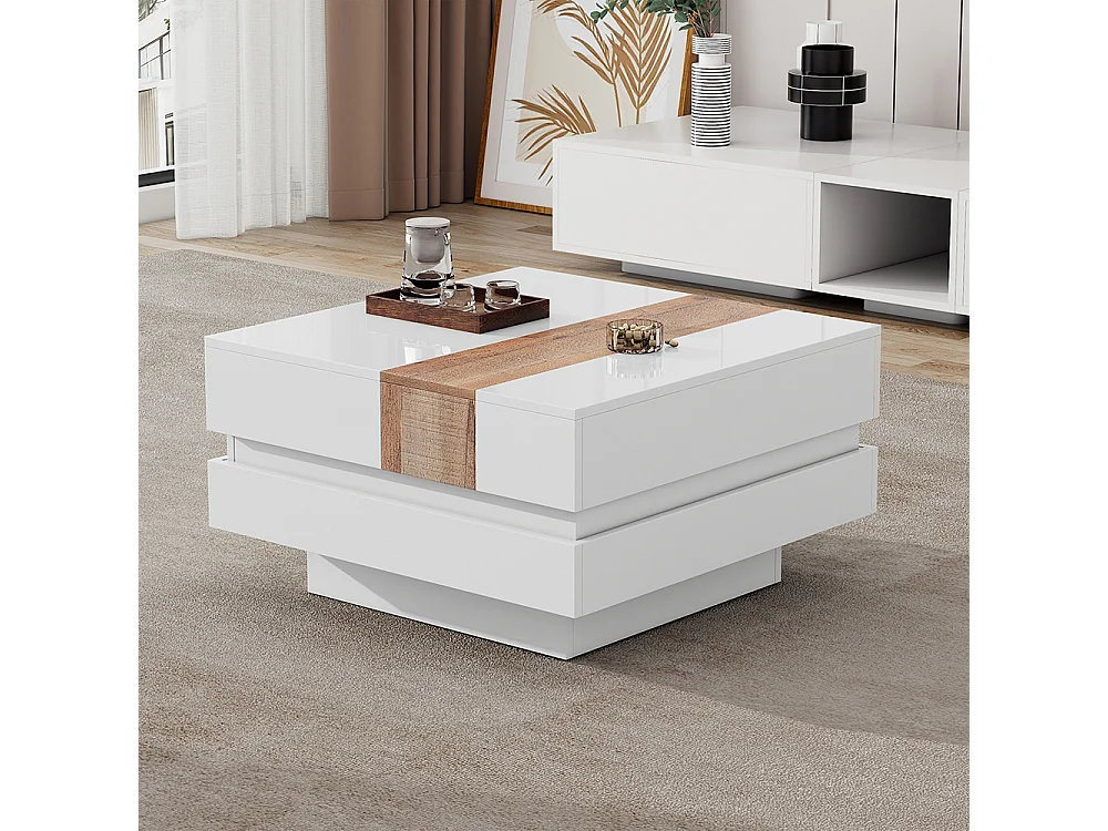 Table basse carrée 70x70x39 cm blanc plateau coulissant rangement caché cloisons