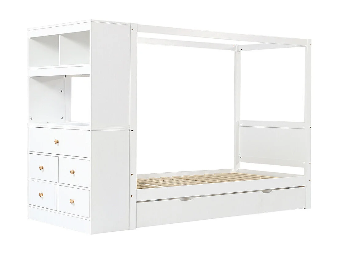 Lit enfant 90x200 bois barrière armoire 5 tiroirs tiroir roulettes pin blanc naturel