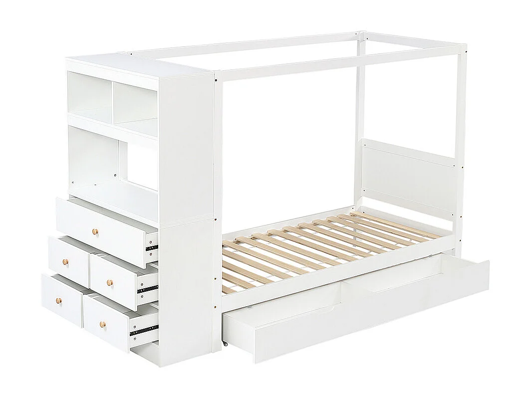 Lit enfant 90x200 bois barrière armoire 5 tiroirs tiroir roulettes pin blanc naturel