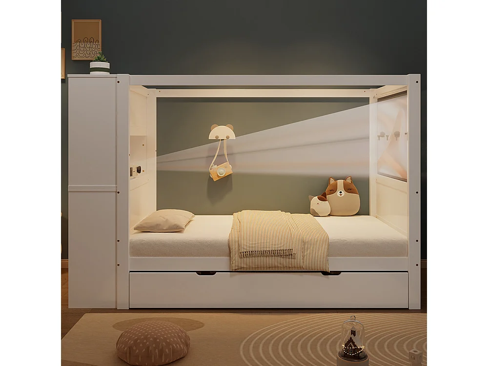 Lit enfant 90x200 bois barrière armoire 5 tiroirs tiroir roulettes pin blanc naturel