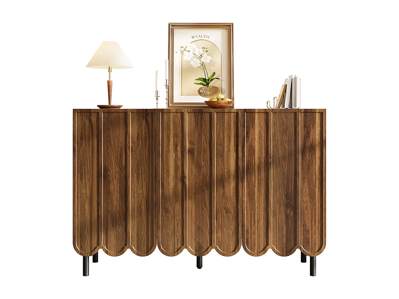 Buffet marron moderne portes ondulées sans poignées étagères réglables espace rangement multi-pièces