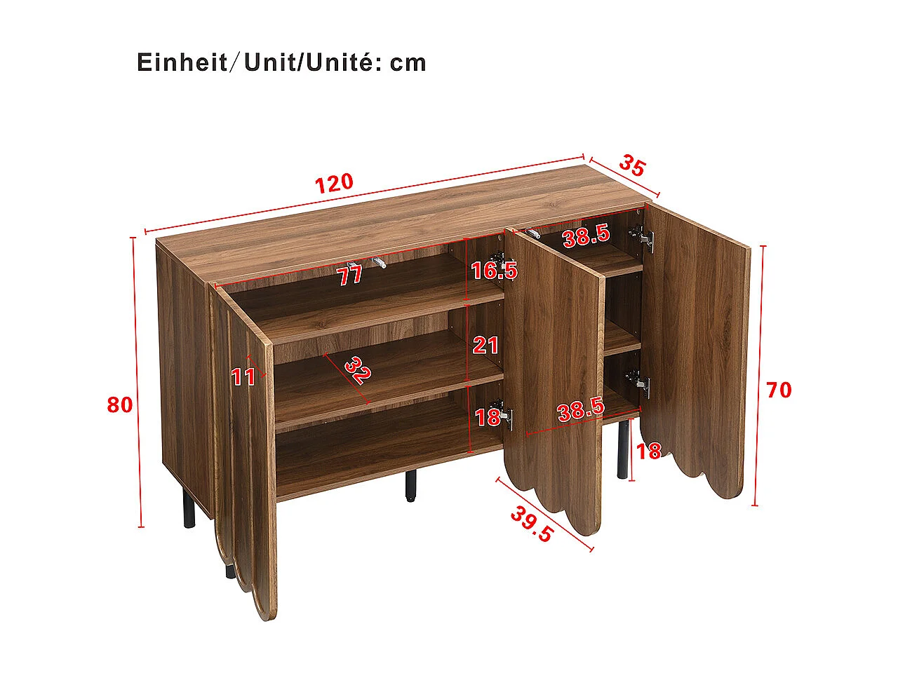 Buffet marron moderne portes ondulées sans poignées étagères réglables espace rangement multi-pièces