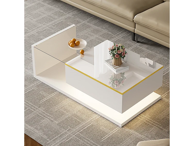 Table basse brillant avec verre et effet LED tables d'appoint tables basses blanc