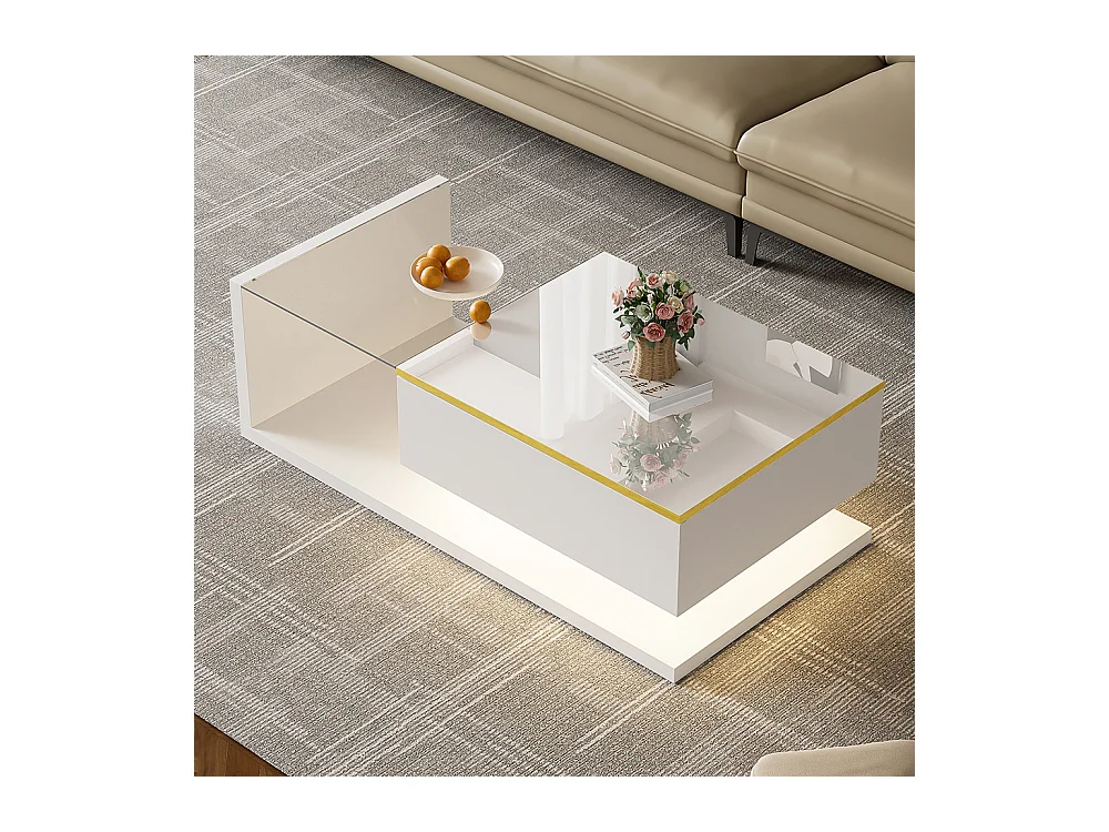 Table basse brillant avec verre et effet LED tables d'appoint tables basses blanc