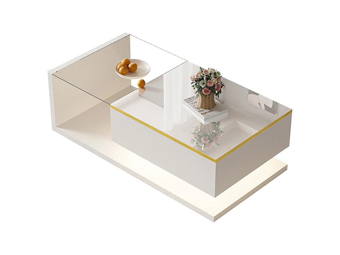 Table basse brillant avec verre et effet LED tables d'appoint tables basses blanc