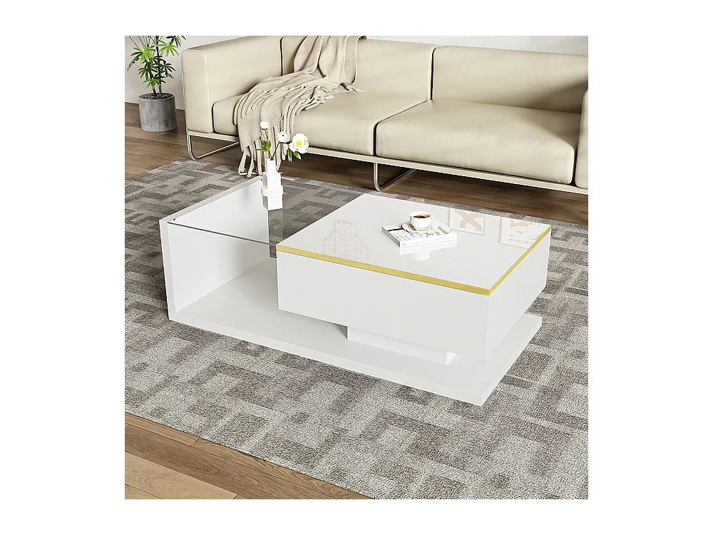 Table basse brillant avec verre et effet LED tables d'appoint tables basses blanc