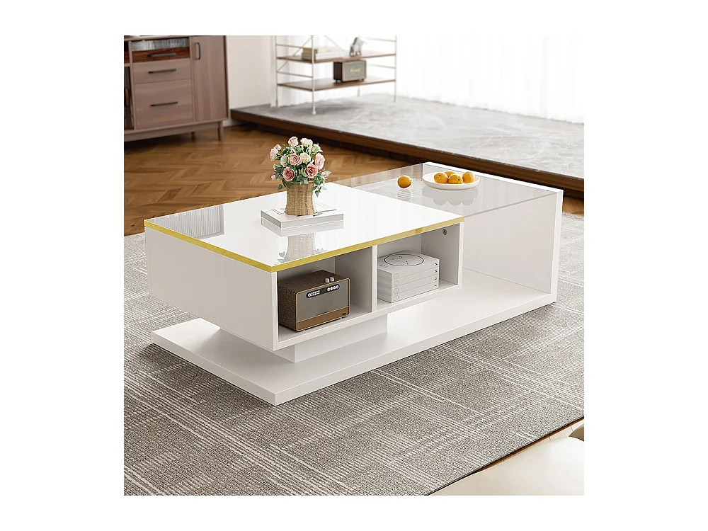 Table basse brillant avec verre et effet LED tables d'appoint tables basses blanc