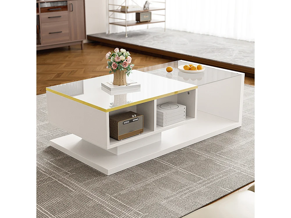 Table basse brillant avec verre et effet LED tables d'appoint tables basses blanc