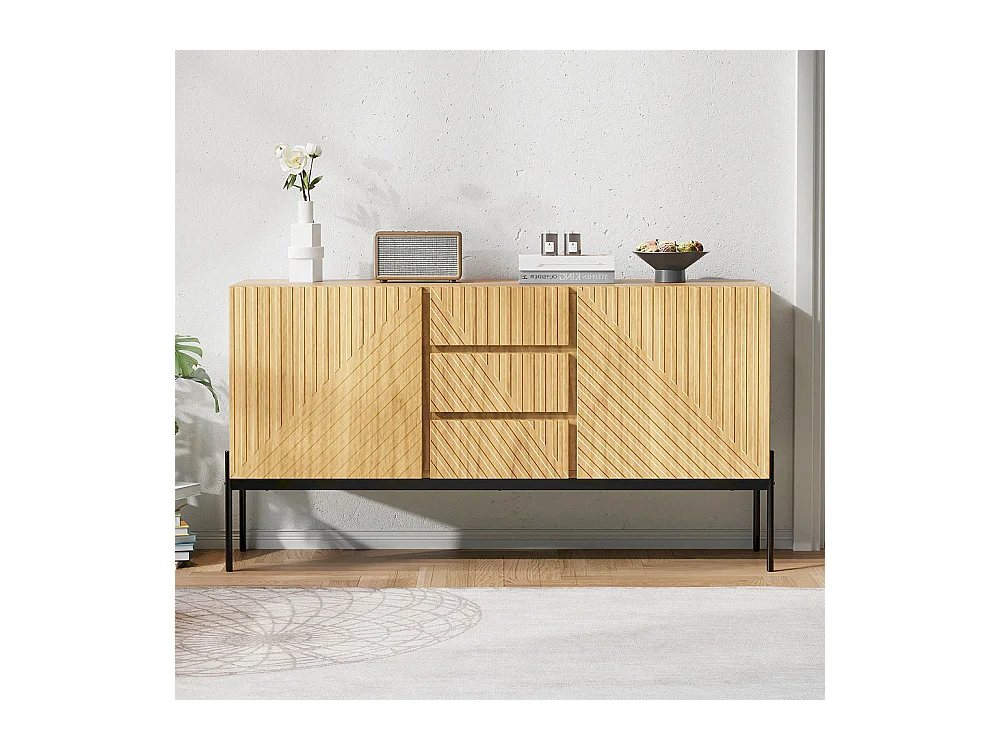 Buffet naturel 2 portes 3 tiroirs pieds métal meuble TV buffet commode design linéaire