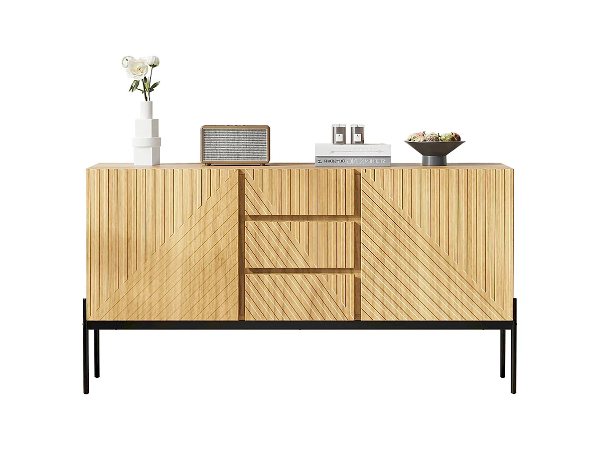 Buffet naturel 2 portes 3 tiroirs pieds métal meuble TV buffet commode design linéaire