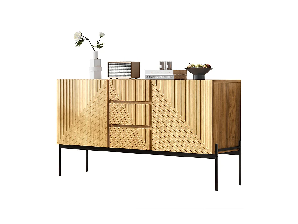 Buffet naturel 2 portes 3 tiroirs pieds métal meuble TV buffet commode design linéaire