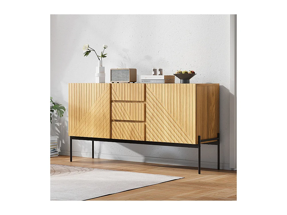 Buffet naturel 2 portes 3 tiroirs pieds métal meuble TV buffet commode design linéaire