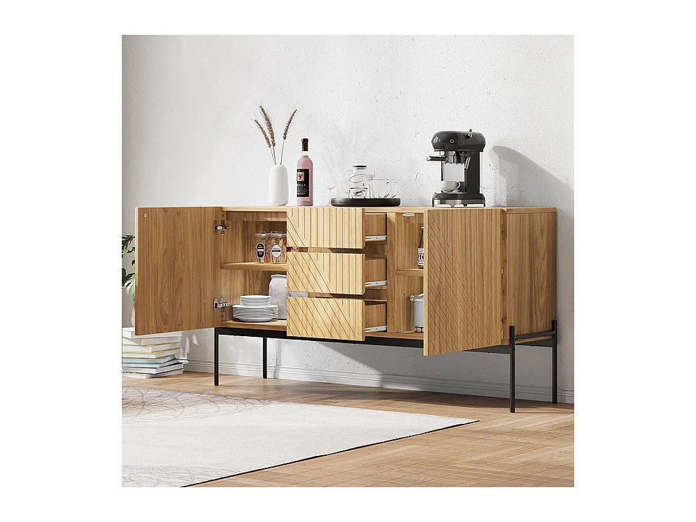 Buffet naturel 2 portes 3 tiroirs pieds métal meuble TV buffet commode design linéaire
