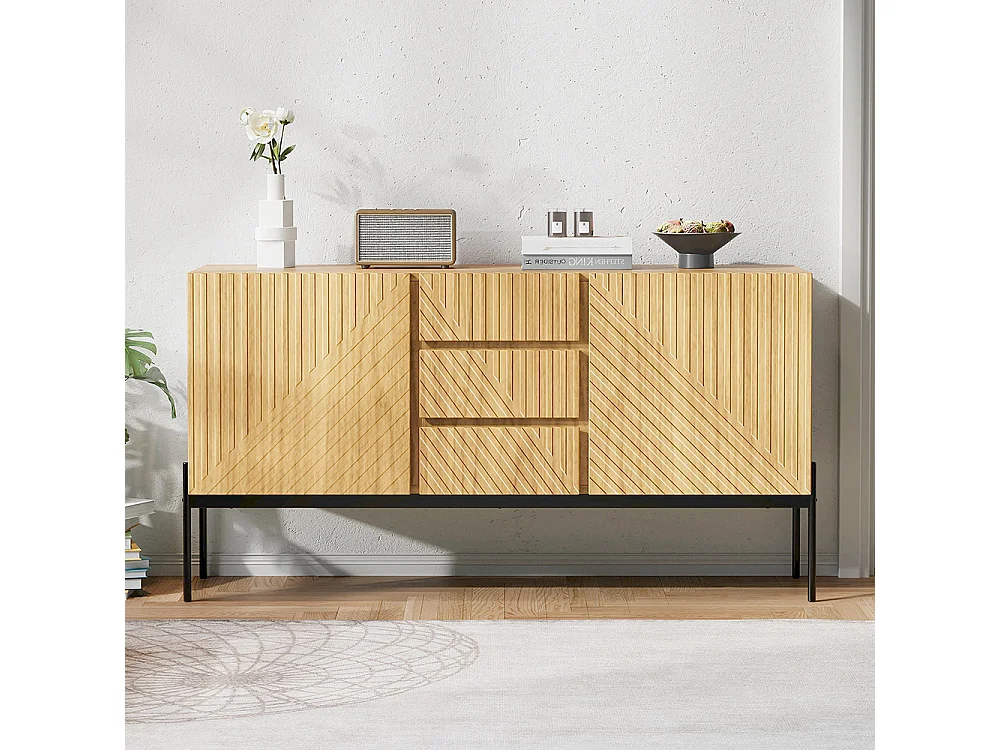 Buffet naturel 2 portes 3 tiroirs pieds métal meuble TV buffet commode design linéaire