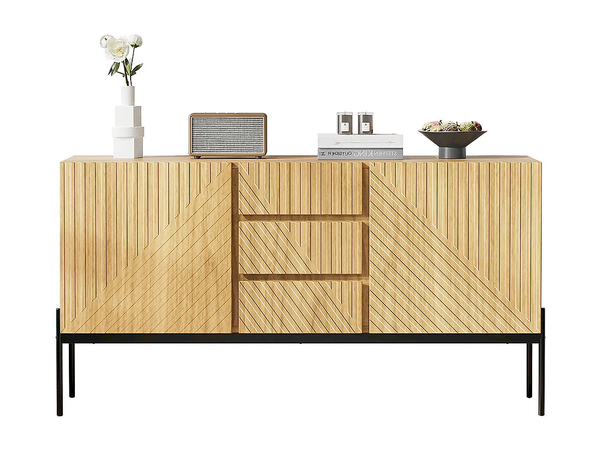 Buffet naturel 2 portes 3 tiroirs pieds métal meuble TV buffet commode design linéaire